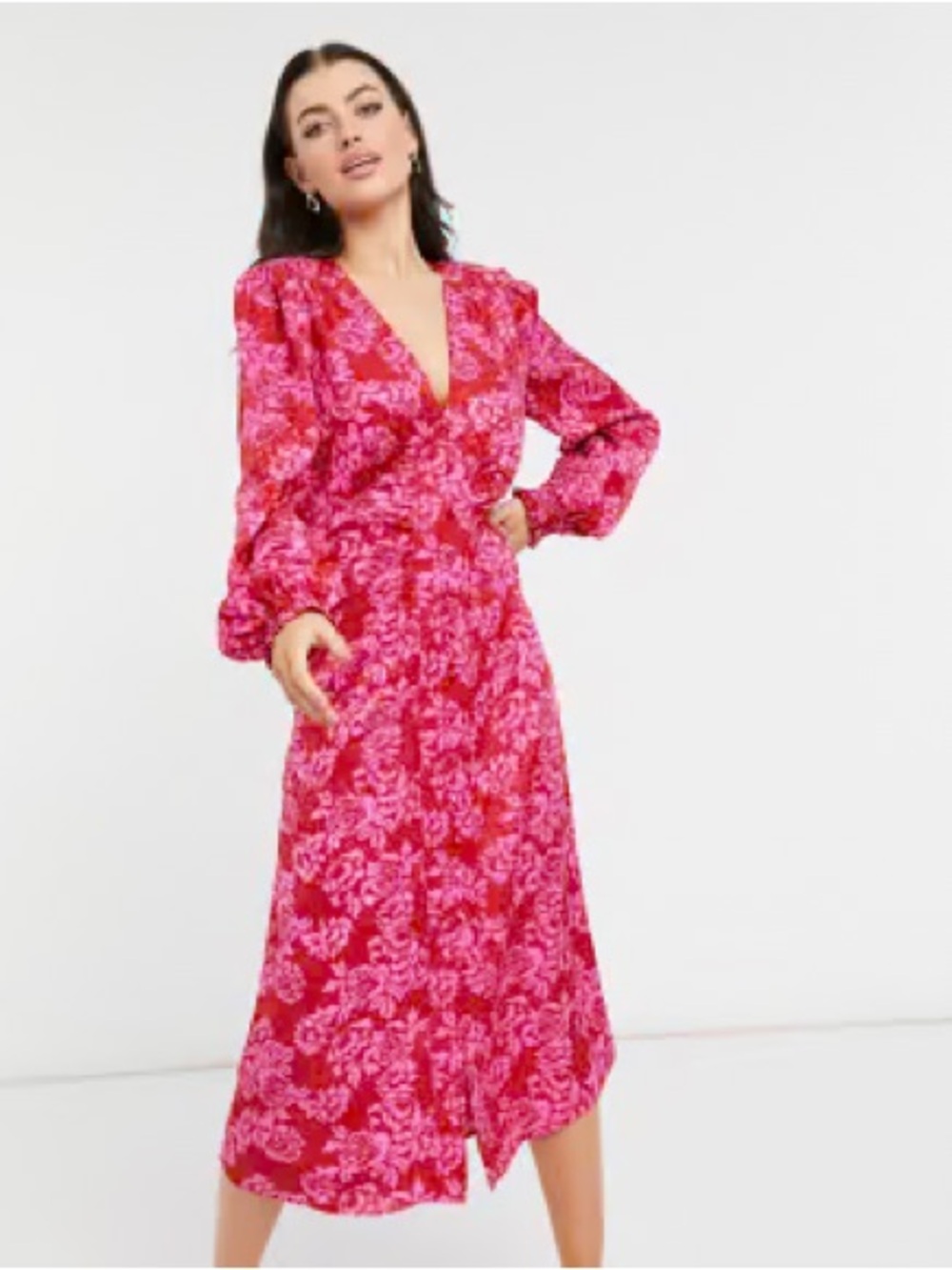 Pink Red Floral midi dress long sleeve - Picture 2 of 3